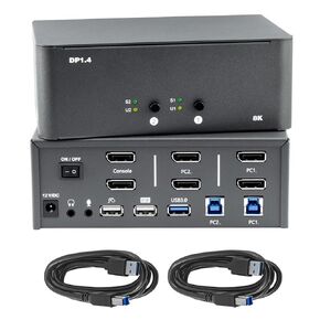 KVM Switch 2 Monitors 2 Computers, 8k Displayport Switch with USB 3.0 Cable, Jack, 2 Computers Share a Set of Keyboard, Mouse, Support Windows/Mac/Linux (Dual Monitor)