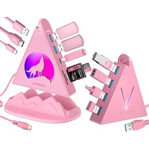 Pink Wolf 8-in-1 USB-C Hub with Base-Stand, 4K HDMI, PD 100W, 5Gbps USB-C, 3 USB-A Ports, SD/TF Card Slots + Pink FlyingV 4-Port USB-A 3.0 Hub for PC, iMac, MacBook, Mac Mini