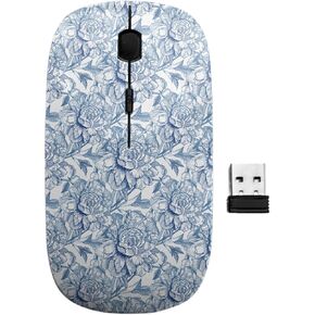 2.4GHz USB Wireless Mouse, Vintage Style Blue Sketched Peonies Pattern, Ergonomic Slim Computer Mice for Kids