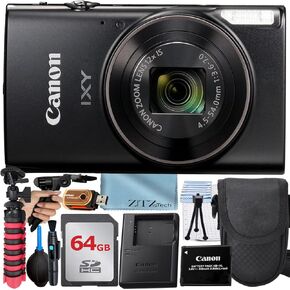 Canon PowerShot IXY 650 (ELPH 360) HS Digital Camera (Black) + 64GB Memory Card + Case + Tripod + Accessory Bundle (Renewed)