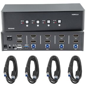 KVM Switch 2 Monitors 4 Computers,HDMI 4k@60Hz KVM Switch with 4xUSB 3.0 Cable and 3.5mm Audio,4 Computers Share One Set of Leyboard, Mouse and Monitors,Supports Windows/Mac/Linux, Plug-and-Play