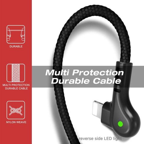 USB 90 درجة تصميم الزاوية اليمنى LED NYLON مزامنة مزدوجة شحنة USB DOUBLE 6FT/1.8M كابل متوافق مع الهاتف/هواء/هواء ، وسادة صغيرة ، جراب (أسود ، 6 أقدام) in Saudi Arabia