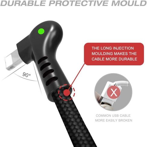 USB 90 درجة تصميم الزاوية اليمنى LED NYLON مزامنة مزدوجة شحنة USB DOUBLE 6FT/1.8M كابل متوافق مع الهاتف/هواء/هواء ، وسادة صغيرة ، جراب (أسود ، 6 أقدام) in Saudi Arabia
