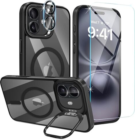 Magnetic Phone Case for iPhone 16 Case, Shockproof Protective Cover with Stash Stand, [Compatible with MagSafe] Slim Scratch-Resistant Back Cover for iPhone 16, Classic Series, Black in Kuwait