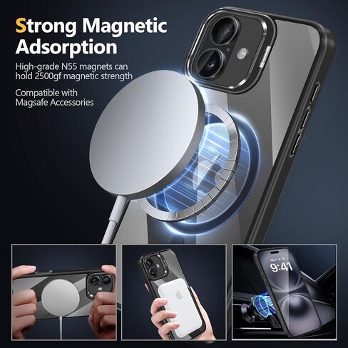 Magnetic Phone Case for iPhone 16 Case, Shockproof Protective Cover with Stash Stand, [Compatible with MagSafe] Slim Scratch-Resistant Back Cover for iPhone 16, Classic Series, Black in Kuwait