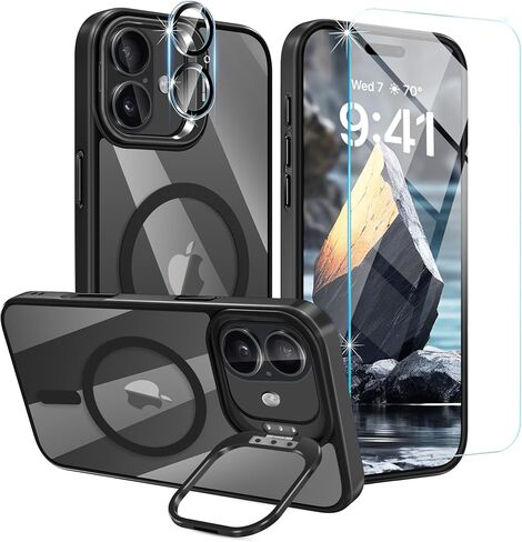 علبة الهاتف المغناطيسي لحالة iPhone 16 ، غطاء واقي مقاوم للصدمات مع Stash Stand ، [متوافق مع Magsafe] الغطاء الخلفي المقاوم للخدش النحيف لـ iPhone 16 ، سلسلة كلاسيكية ، أسود in Kuwait