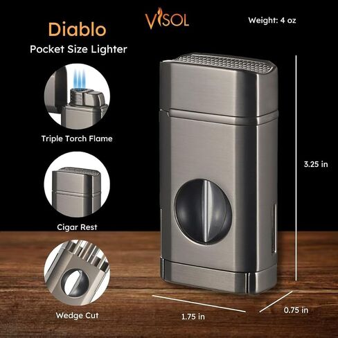 Visol Diablo Butane Torch Triple Flame Refillable Gas Lighter, Built in Cutter, Built in Holder, Windproof Adjustable Flame Lighter (Shipped Without Butane) (Gunmetal) in Kuwait