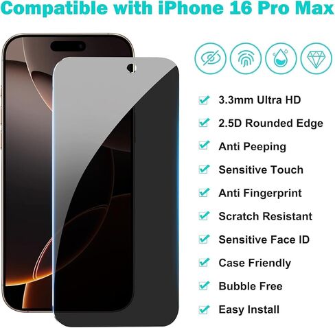 3 حزمة شاشة شاشة واقي + 2 عدسة الكاميرا 9H + الزجاج الغطاء الكامل لأجهزة iPhone 16 Pro Max Auto Adalment Kit 12ft Military Grade Ractrofling Anti Spy Turnest Dantipty 6.9 in Kuwait