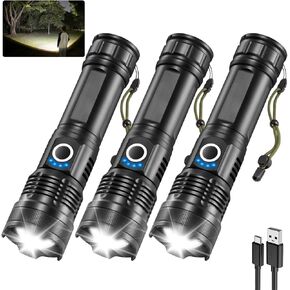 3Pack مصباح يدوي قابل لإعادة الشحن اللواتير عالية ، 5MSDES LED مصباح المصباح القابل لإعادة الشحن ، مصباح يدوي عالي الطاقة عالي الطاقة ، قابلة للتعديل ، ضوء فلاش قوي لحالات الطوارئ المنزلية