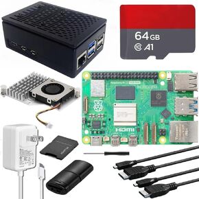 Vemico for Raspberry Pi 5 16GB Starter Kit with Pi5 16GB Board,64GB Card Readers Kit,Pi 5 Case,GaN 27W 5.1V5A USB-C Power Supply, Case with Active Cooler,4K Micro HD Out Cables Included