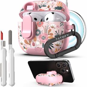 TATOFY for AirPod 4th Gen Case with Phone Stand Lock Carabiner Cleaning Kit, Floral AirPods 4 Hard Shell Dustproof Cover for Women, MagSafe Compatible (Purple 3, AirPods 4th)