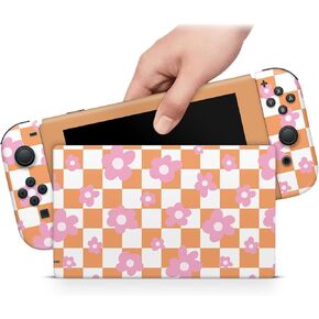 ZOOMHITSKINS OLED Switch Skin Pink, Compatible with Nintendo Switch OLED Skin Wrap, Checkered White Orange Tiny Mini Flowers Cute Kawaii Magnolia, 3M Vinyl for Durable & Fit, Made in The USA