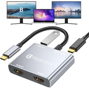Reborn USB C to Dual HDMI Adapter | Dual 4K@60Hz, 4 in 1 USB C Hub Multiport Adapter with Dual HDMI, USB 3.0, 100W PD Charging, for MacBook/LenovoYoga/Thinkpad, XPS,[macOS only Support SST Mode]
