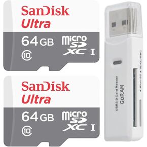 SanDisk 64GB Ultra (2 Pack) MicroSD Class 10 100MB/s Micro SDXC Memory Card SDSQUNR-064G Bundle with (1) GoRAM Reader (64GB, 2 Pack)