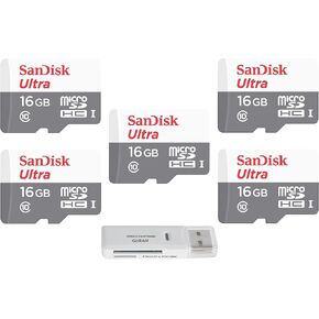 SanDisk 16GB Ultra (5 Pack) MicroSD Class 10 80MB/s Micro SDHC Memory Card for Smart Phones &Tablets SDSQUNS-016G Bundle with (1) GoRAM Reader (16GB, 5 Pack)