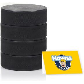 Howies Hockey Pucks Bulk - 4 Hockey Pucks per Case - Official 6 oz. Standard Size and Weight for Game and Practice. Great for Pond or Rink. Multi-Use Durable Rubber Discs/Pads Sample Roll Included