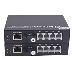 2 x POTS Extender RJ11 Telephone and Gigabit Ethernet Over Fiber Optic - 10/100/1000Mbps RJ45 Over Fiber Optic Extender, Universal Single Mode 20Km(12.4 mi), Multimode 500m(0.31 mi),A Pair.