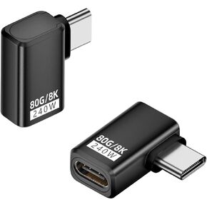 QIANRENON 80Gbps USB C Fast Charging Data 90° Angle Connector USB4 2.0 Type C Male to Female Full Function Right Angle Adapter PD240W, 8K@60Hz Al Shell, for Tablet Phone Game Console,Side Bend,2Pcs