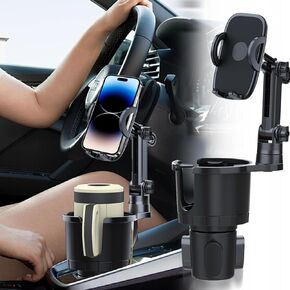 Upgraded Cup Holder Phone Mount for Car, 2 in 1 Car Cup Holder Expander with Adjustable Base & Long Arm, 360° Rotation Car Phone Holder Compatible with iPhone, Samsung & All Smartphones