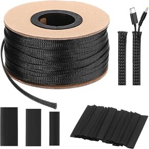 Pangda 300ft - 1/4 Inch Expandable Braided Cable Sleeve with 60 Pcs Heat Shrink Tubing, PET Wire Sleeve Wrap Kit for Cord Management, Electrical Cable Protection, Home Theater, Office, PC