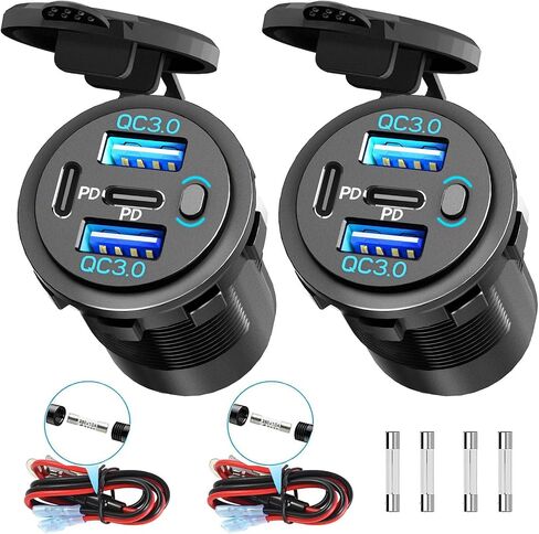 2 Pack Quad-Port 12V USB Outlet with Switch & LED - 78W Dual QC3.0 & Dual PD3.0 USB C Car Charger Socket for RV Motorcycle Marine Truck Golf Cart Boat Accessories in Kuwait