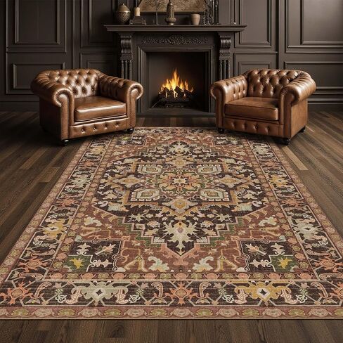 Kokia Washable Area Rug 6x9 Lightweight Ultra-Thin Non-Slip Living Room Rugs Vintage Printed Low Pile Lightweight Carpet Bedroom Dining Room Office Indoor Area, Anya Orange in Saudi Arabia