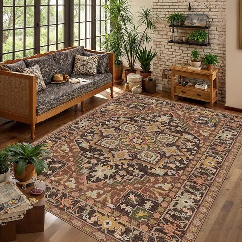 Kokia Washable Area Rug 6x9 Lightweight Ultra-Thin Non-Slip Living Room Rugs Vintage Printed Low Pile Lightweight Carpet Bedroom Dining Room Office Indoor Area, Anya Orange in Saudi Arabia