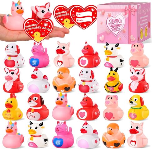 ANGGIKO 24 حزمة من البط المطاطي لعيد الحب مع بطاقات الهدايا، ألعاب حوض استحمام مطاطية على شكل قلب لعيد الحب، بطات جيب للأطفال، هدايا مكافآت تزيين حفلات عيد الحب للأولاد والبنات in Kuwait