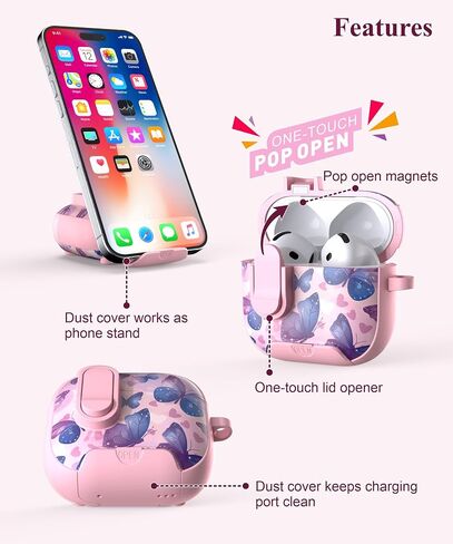 Tatofy for Airpod 4th Gen Case with Phone Stand Lock Cleaning Kit ، Floral Airpods 4 غطاء مقاوم للغبار الصلبة للنساء ، Magsafe متوافق (Purple 3 ، AirPods 4th) in Kuwait