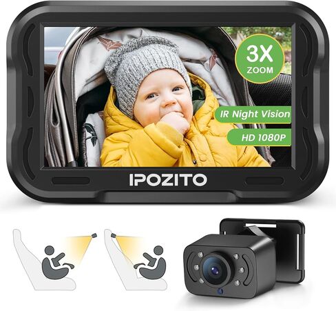 IPOZITO Baby Car Camera, 4.3'' Monitor with IR Night Vision, 3X Zoom in Closer, Easily Install Baby Car Mirror 1080P Clear Car Baby Camera for Rear Facing Seat Backseat in Kuwait