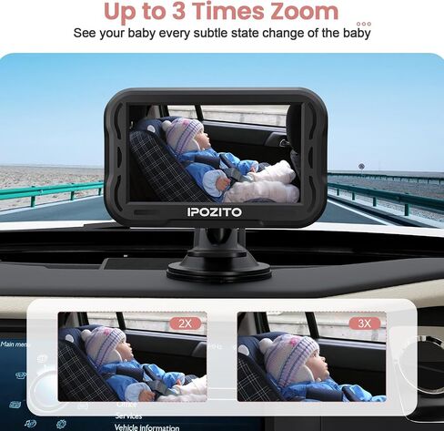 IPOZITO Baby Car Camera, 4.3'' Monitor with IR Night Vision, 3X Zoom in Closer, Easily Install Baby Car Mirror 1080P Clear Car Baby Camera for Rear Facing Seat Backseat in Kuwait
