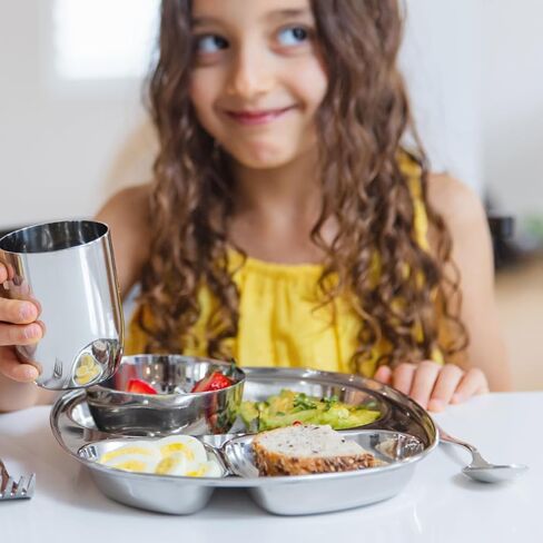 Ahimsa Stainless Steel Kids Plates | Pediatrician Designed, Balanced Bites Divided Plates for Kids & Toddlers | Lunch Plates | 100% BPA Free & Dishwasher Safe | Pack of 1 (Classic Steel) in Kuwait