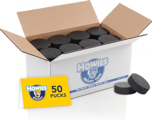 Howies Hockey Pucks Bulk - 4 Hockey Pucks per Case - Official 6 oz. Standard Size and Weight for Game and Practice. Great for Pond or Rink. Multi-Use Durable Rubber Discs/Pads Sample Roll Included in Saudi Arabia