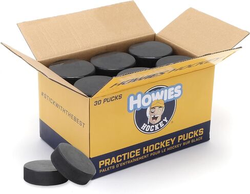 Howies Hockey Pucks Bulk - 4 Hockey Pucks per Case - Official 6 oz. Standard Size and Weight for Game and Practice. Great for Pond or Rink. Multi-Use Durable Rubber Discs/Pads Sample Roll Included in Saudi Arabia