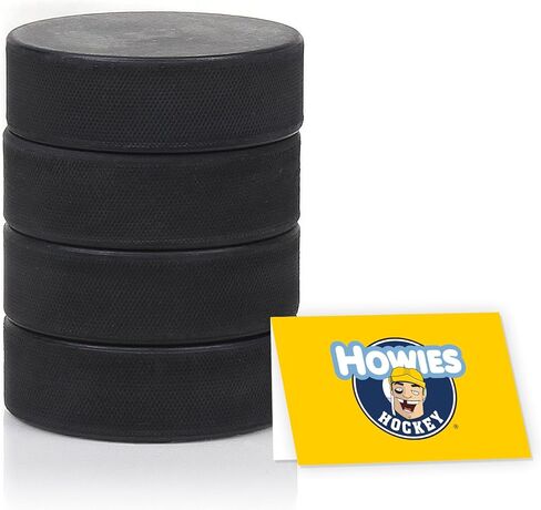 Howies Hockey Pucks Bulk - 4 Hockey Pucks per Case - Official 6 oz. Standard Size and Weight for Game and Practice. Great for Pond or Rink. Multi-Use Durable Rubber Discs/Pads Sample Roll Included in Saudi Arabia