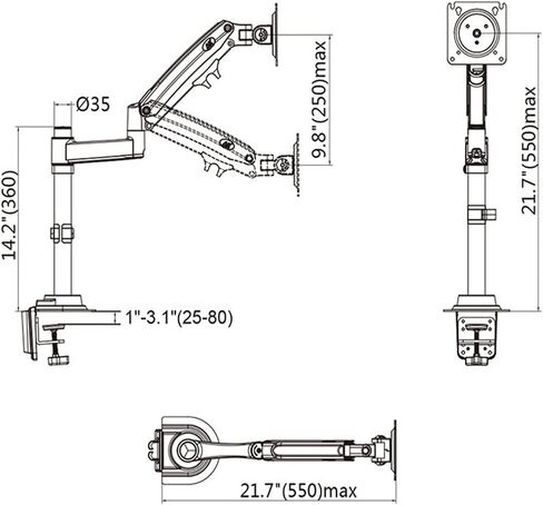 H100 22-35 "Monitor Holder Arm Gas Spring Full Motion Motion TV Mount 2-12kg قوس مشبك الذراع المزدوج (H100) in Kuwait