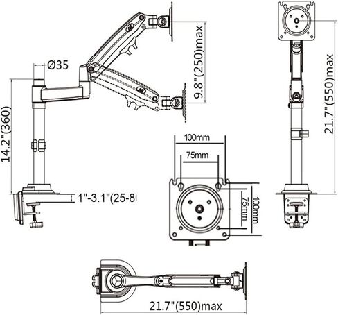 H100 22-35 "Monitor Holder Arm Gas Spring Full Motion Motion TV Mount 2-12kg قوس مشبك الذراع المزدوج (H100) in Kuwait