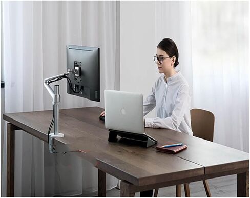 OL-1 10-32" Aluminum Double Arm Monitor Desktop Stand Single Screen Table Holder Computer Mount 360 Rotate Clamp Grommet Base(Silver) in Saudi Arabia