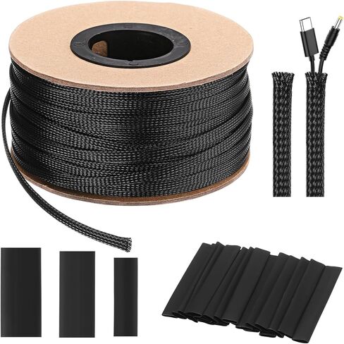Pangda 300ft - 1/4 Inch Expandable Braided Cable Sleeve with 60 Pcs Heat Shrink Tubing, PET Wire Sleeve Wrap Kit for Cord Management, Electrical Cable Protection, Home Theater, Office, PC in Saudi Arabia