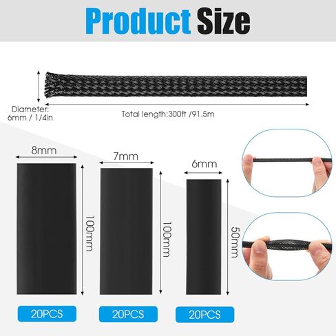 Pangda 300ft - 1/4 Inch Expandable Braided Cable Sleeve with 60 Pcs Heat Shrink Tubing, PET Wire Sleeve Wrap Kit for Cord Management, Electrical Cable Protection, Home Theater, Office, PC in Saudi Arabia
