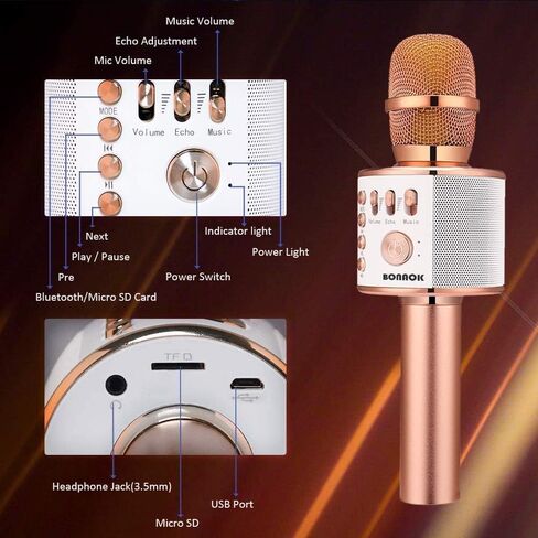 Bonaok Wireless Bluetooth Microphone الكاريوكي ، 3 في 1 محمولة كاريوكي ميكروفون ميكروفون ميكرات عيد ميلاد المنزل لجميع أجهزة الكمبيوتر الذكية (Q37 Rose Gold) in Kuwait