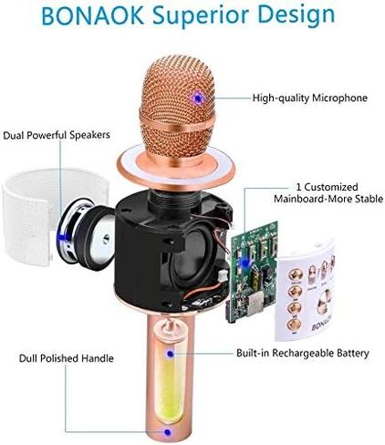 Bonaok Wireless Bluetooth Microphone الكاريوكي ، 3 في 1 محمولة كاريوكي ميكروفون ميكروفون ميكرات عيد ميلاد المنزل لجميع أجهزة الكمبيوتر الذكية (Q37 Rose Gold) in Kuwait