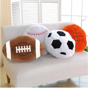 4 Pcs Sports Throw Pillows Fluffy Stuffed Soccer Ball Plush Pillow Baseball Throw Pillow Soft Stuffed Basketball Plush Pillows Football Shaped Plush Toy Sport Theme Cushion for Kids Room Decoration