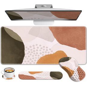 Desk Pad Mat, Large Mouse Pad with Wrist Rest, Ergonomic Keyboard Wrist Support, XXL Carpal Tunnel Mousepad Set with Coaster, Computer Keyboard Matt for Laptop Desktop, White Gray Marble