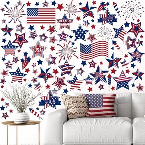 Patelai 6 Pcs 4th of July Wall Stick, 6 Sheets Static American Flag Red White Blue Wall Decals Window Stickers for Memorial Day Independence Day Patriotic Party Favors Supplies Decoration (Star)