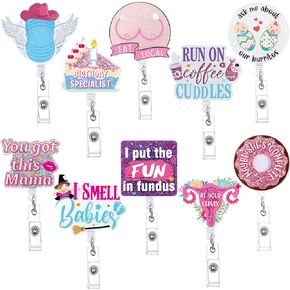 Riceshoot 10 Pcs Funny Labor and Delivery Nurse Badge Reels Cute Badge Reel Glitter Nicu Obstetrics Badge Reel Retractable Badge Holder with Alligator Clip Gift for RN Student Teacher Doctor(Classic)