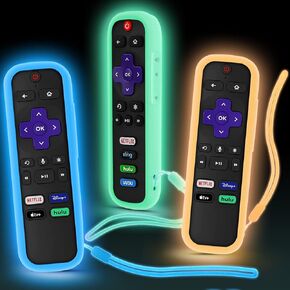 (3 Pack) Case for Roku Remote, Cover for Hisense/TCL Roku TV Steaming Stick/Express, Silicone Universal Protective Controller Sleeve Skin Glow in The Dark Blue Orange Green with Lanyards
