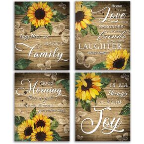 Sunflower Family Wall Art Rustic Farmhouse Painting Inspirational Quotes Print Picture Floral Artwork for Kitchen Bedroom Bathroom Decor Set of 4(8"X10"), Unframe