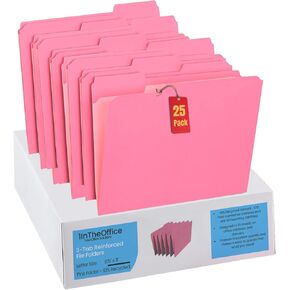 1InTheOffice File Folder Letter Size, 1/3 Tab File Folders, Letter-Size File Folder, Pink, 25 Pack