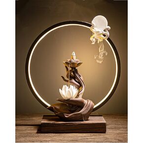 Ceramic Lotus Incense Burner Waterfall Chinese Backflow Incense Sticks Burner Holder with LED Light Incense Cones for Home Office Decor (Buddha)